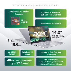 ACER Swift 3 AMD Ryzen 5 Laptop (SF314-43-R2BM) - Pure Silver - Image 5