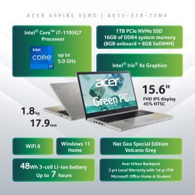 ACER Aspire Vero Intel 11th Gen Core i7 Laptop National Geographic Edition AV15-51R-75N4 - Image 9