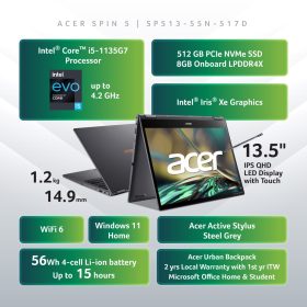 ACER Spin 5 Intel Evo Core i5 Convertible Laptop (SP513-55N-517D) - Steel Grey - Image 9
