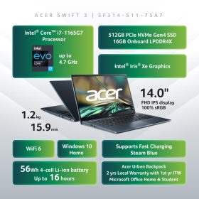 ACER Swift 3 Intel Evo i7 Laptop (SF314-511-70F2) - Steam Blue - Image 4