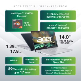 ACER Swift X AMD Ryzen™ 5 5600U Laptop (SFX14-41G-R8QW) - Steam Blue - Image 9