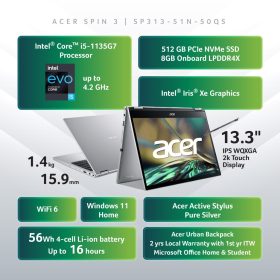ACER Spin 3 Intel Evo Core i5 Convertible Laptop (SP313-51N-50QS) - Pure Silver - Image 9