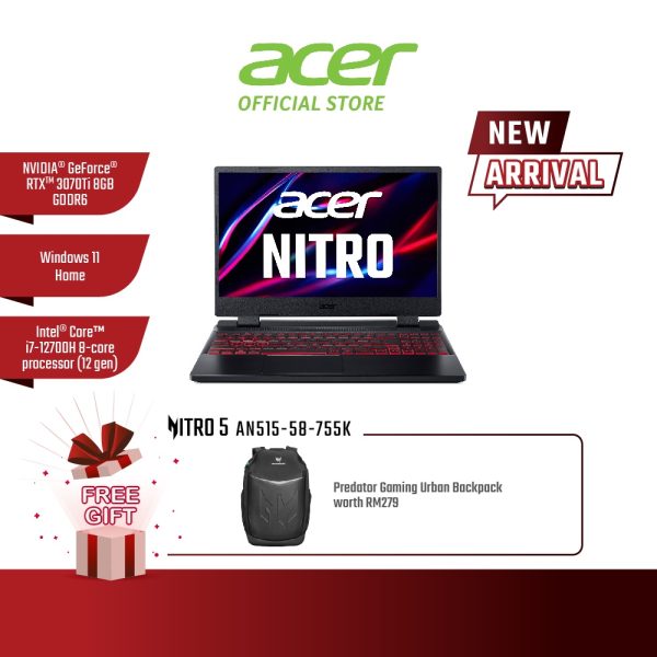 ACER Nitro 5 Intel 12th Gen Core™ i7 Gaming Laptop (AN515-58-755K) - RTX™ 3070 Ti