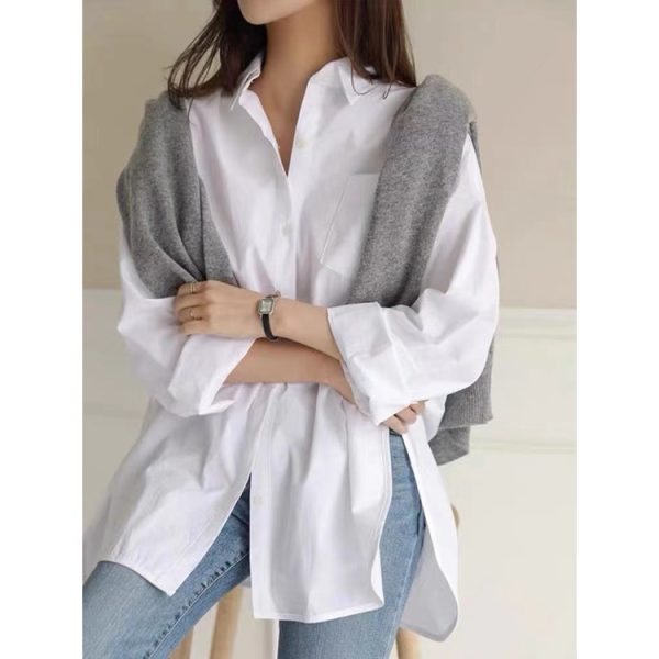 Women Shirts Blouse Casual Long Sleeve Loose Split Hem Plus Size Blouse SZ265 - White