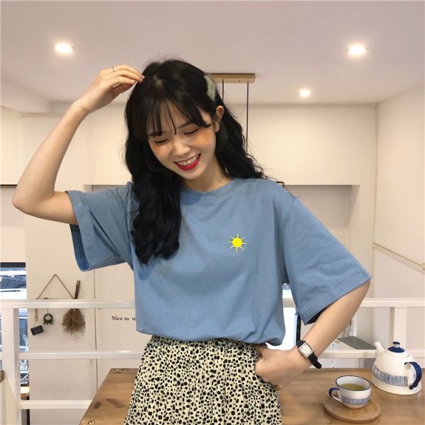 Cute Weather Pattern Loose Korean Student Short Sleeve T Shirt Women Shirt Couples Wear SZ114 - Blue
