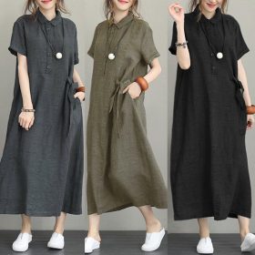 Women Dress Cotton Linen Dresses Solid Color Lapel Short Sleeve Loose Pocket Women's Casual Dress SZ303 - Green - Image 3