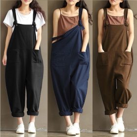 New Plus Size Women Linen Long Pants Casual Pants Jumpsuits Ladies Overalls SZ134 - Black - Image 3