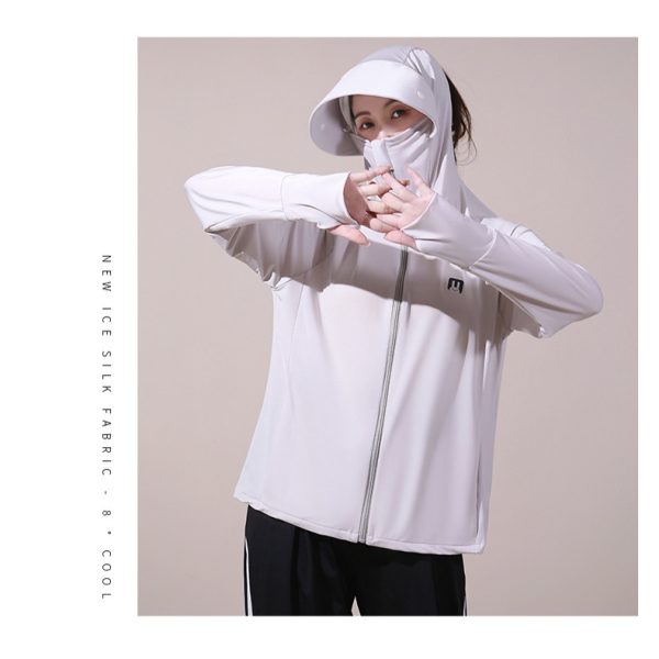 Women Running Jacket Hoodie Sports Zipper Fitness Gym Tops Long Sleeves Sportswear Stretch Anti-UV Hooded SZ277 - Gray