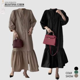 Women Button Up Casual 3/4 Sleeve Hem Flounce Maxi Dress SZ221 - Green - Image 4