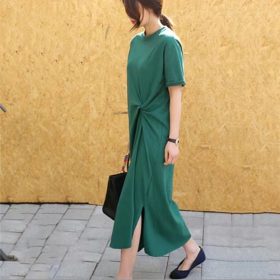 Korean Women Dress Short Sleeve Dress Loose Casual Maxi Midi Dress Long Shirt Dress Ladies Clothing SZ209 - Green - Image 3