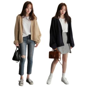 Korean Knitted Cardigan Loose Long sleeve Women Outerwear SZ184 - Black - Image 5