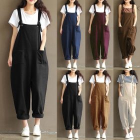 New Plus Size Women Linen Long Pants Casual Pants Jumpsuits Ladies Overalls SZ134 - Black - Image 4