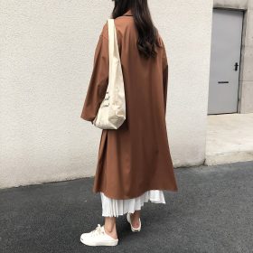 Loose Lapel Lace-up Waist Long Windbreaker Jacket Women Outwear SZ123 - Khaki - Image 3