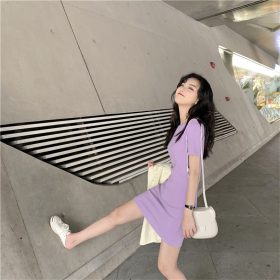 Summer Mid-Long Short Sleeve T-shirt Dress Woman Tops Short Sleeve Candy Color SZ083 - Purple - Image 3