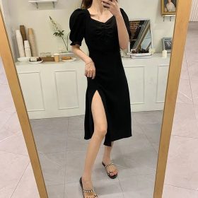 New Arrival Summer Plus Size Slim Black Dress Women Temperament Waist Split French Black A Line Skirt SZ188 SZ206 - V Neck - Image 3