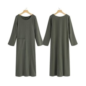 Women Loose Solid Color Long Sleeve Long Dress Muslim Max Dress Casual Dress SZ001 - Army Green - Image 4