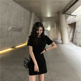 Summer Mid-Long Short Sleeve T-shirt Dress Woman Tops Short Sleeve Candy Color SZ083 - Black - Image 2