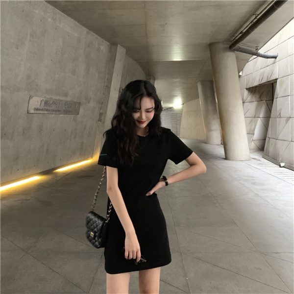 Summer Mid-Long Short Sleeve T-shirt Dress Woman Tops Short Sleeve Candy Color SZ083 - Black
