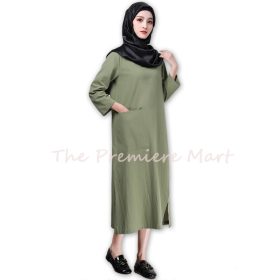 Women Loose Solid Color Long Sleeve Long Dress Muslim Max Dress Casual Dress SZ001 - Army Green - Image 3