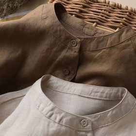 New 2022 Women Blouse Shirt Tops Solid Color Lantern Sleeve Cotton Line Shirt Nine-point Sleeve Ladies Shirt SZ266 - Coffee - Image 3