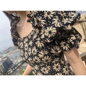 Women Dress Floral Dress Women French Long Sleeve Dresses Short Sleeve V Neck Dress Maxi Dress Grid Dress SZ302 305 306 - Black - Image 3