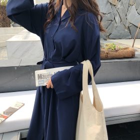 Loose Lapel Lace-up Waist Long Windbreaker Jacket Women Outwear SZ123 - Navy Blue - Image 3