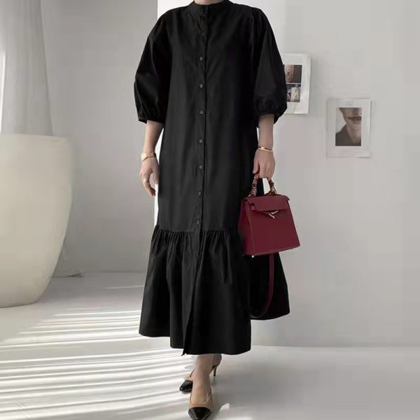 Women Button Up Casual 3/4 Sleeve Hem Flounce Maxi Dress SZ221 - Black