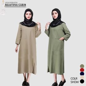 Women Loose Solid Color Long Sleeve Long Dress Muslim Max Dress Casual Dress SZ001 - Khaki - Image 5
