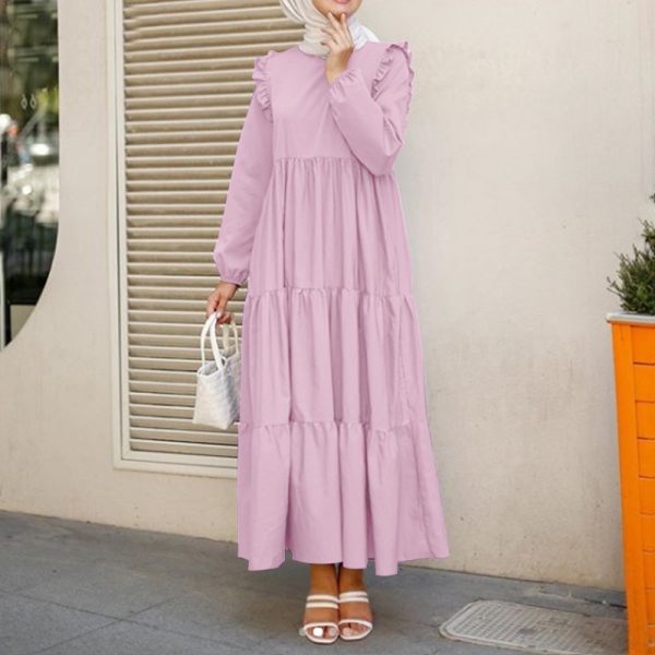 Women Long Sleeve Ruffled Casual Tiered Layered Muslim Long Dress Maxi Dress SZ143 - Pink