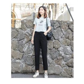 Women Linen Pants Casual Harem Pants Loose Nine Point Thin Feet Pants Elastic Waist SZ228 - Gray Blue - Image 8