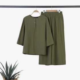Women Casual Side Pockets Vintage 3/4 Sleeve Elastic Waist Wide Leg Sets Linen Sets SZ281 - Green - Image 4