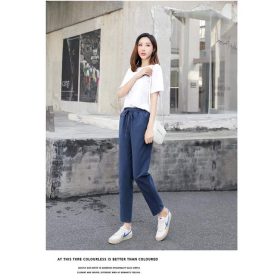 Women Linen Pants Casual Harem Pants Loose Nine Point Thin Feet Pants Elastic Waist SZ228 - Gray Blue - Image 7
