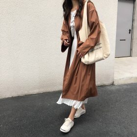 Loose Lapel Lace-up Waist Long Windbreaker Jacket Women Outwear SZ123 - Khaki - Image 5