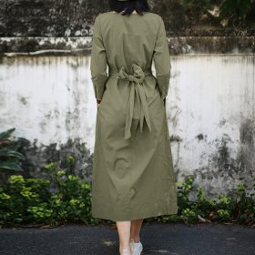 Women Round Neck Belted Solid Color Long Sleeve Long Dress SZ223 - Green - Image 3