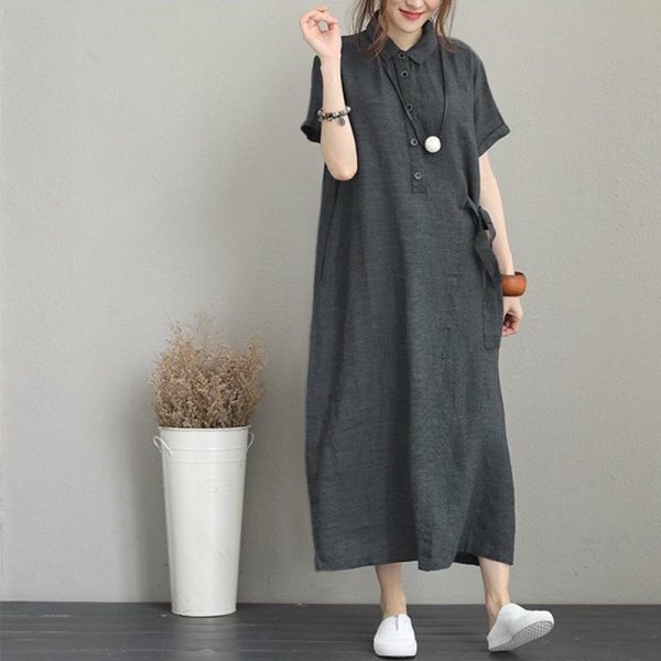 Women Dress Cotton Linen Dresses Solid Color Lapel Short Sleeve Loose Pocket Women's Casual Dress SZ303 - Dark Gray