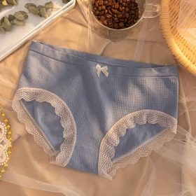 Women Seamless Cotton Panties Sexy Briefs Girl Lace Underwear SZ214 - Blue - Image 1