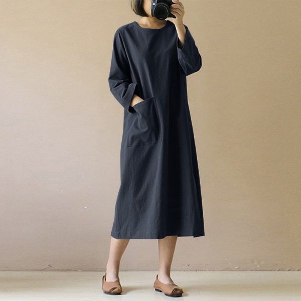 Women Loose Solid Color Long Sleeve Long Dress Muslim Max Dress Casual Dress SZ001 - Dark Blue
