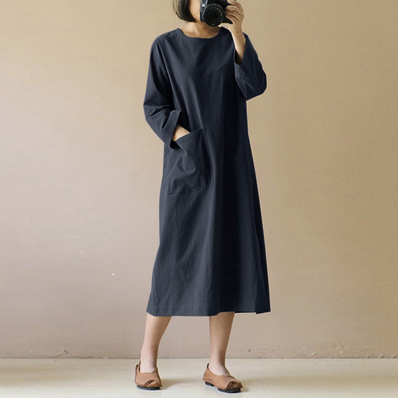 Women Loose Solid Color Long Sleeve Long Dress Muslim Max Dress Casual Dress SZ001 - Dark Blue - Image 1