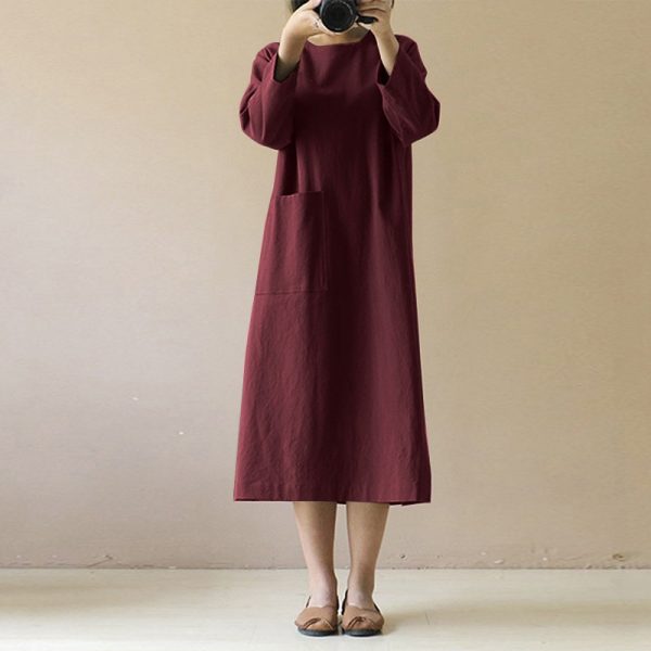 Women Loose Solid Color Long Sleeve Long Dress Muslim Max Dress Casual Dress SZ001 - Red