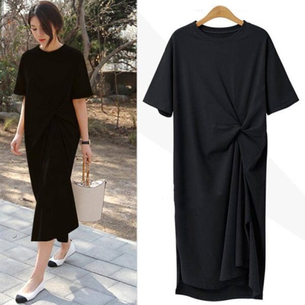 Korean Women Dress Short Sleeve Dress Loose Casual Maxi Midi Dress Long Shirt Dress Ladies Clothing SZ209 - Black