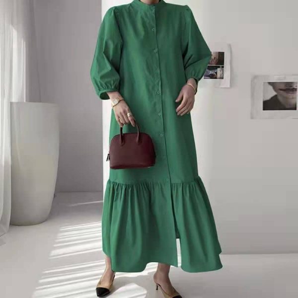 Women Button Up Casual 3/4 Sleeve Hem Flounce Maxi Dress SZ221 - Green