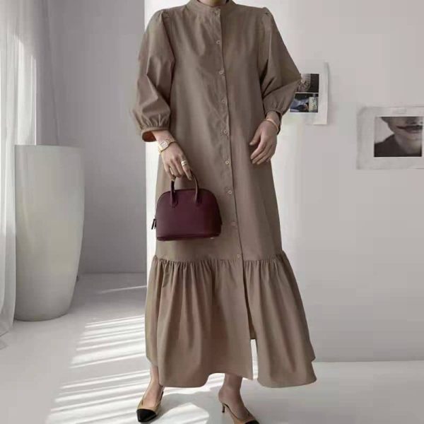 Women Button Up Casual 3/4 Sleeve Hem Flounce Maxi Dress SZ221 - Khaki
