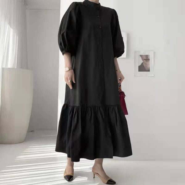 Women Button Up Casual 3/4 Sleeve Hem Flounce Maxi Dress SZ221 - Black