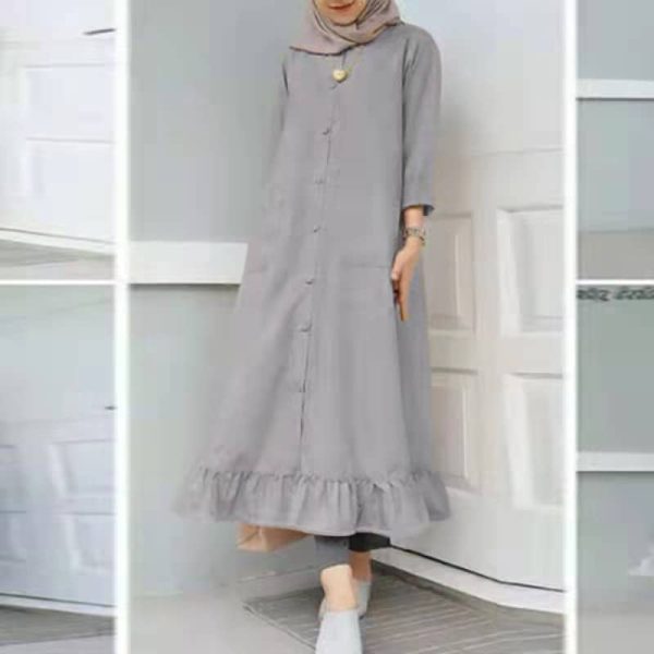 Women Vintage Long Sleeve Button Down Frilled Hem Muslimah Dress SZ218 - Gray