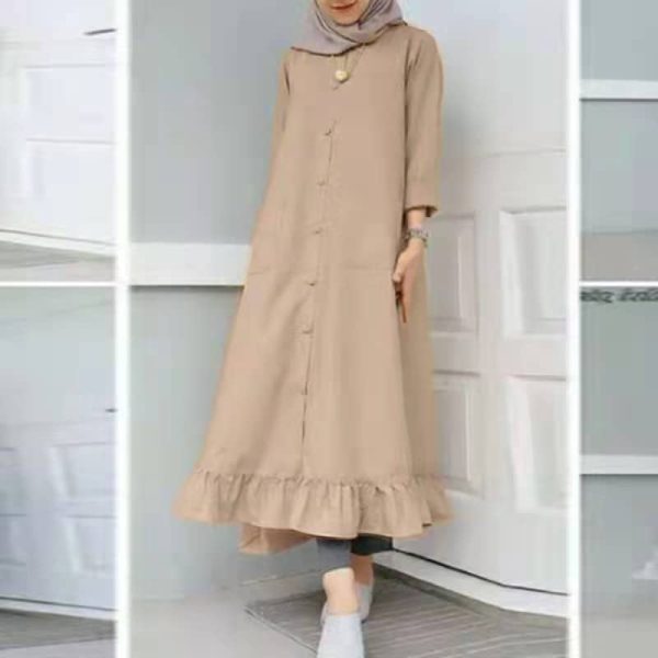 Women Vintage Long Sleeve Button Down Frilled Hem Muslimah Dress SZ218 - Khaki