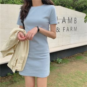 Summer Mid-Long Short Sleeve T-shirt Dress Woman Tops Short Sleeve Candy Color SZ083 - Blue