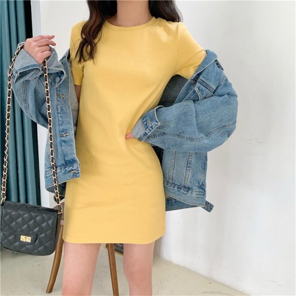 Summer Mid-Long Short Sleeve T-shirt Dress Woman Tops Short Sleeve Candy Color SZ083 - Yellow