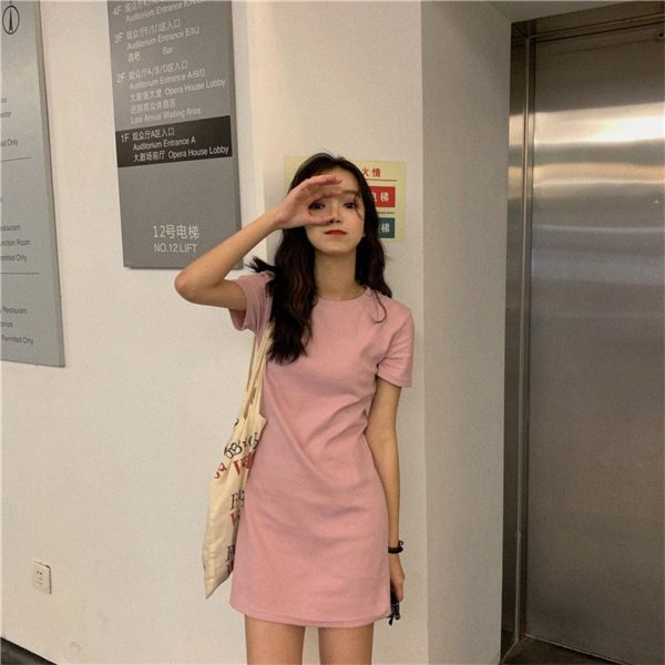 Summer Mid-Long Short Sleeve T-shirt Dress Woman Tops Short Sleeve Candy Color SZ083 - Pink