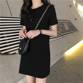 Summer Mid-Long Short Sleeve T-shirt Dress Woman Tops Short Sleeve Candy Color SZ083 - Black