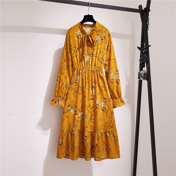 SZ008 Spring Autumn Women's Chiffon Dresses Floral Printing Long Sleeve Elegant Dress - Yellow (Flower 2)